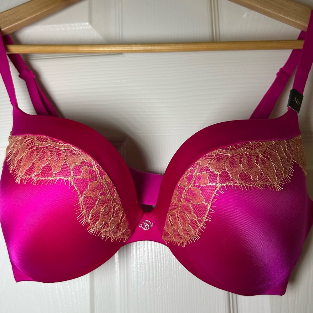 Victoria’s Secret push up bra 34D - pink with lace $20 NEW with tags - fuschia